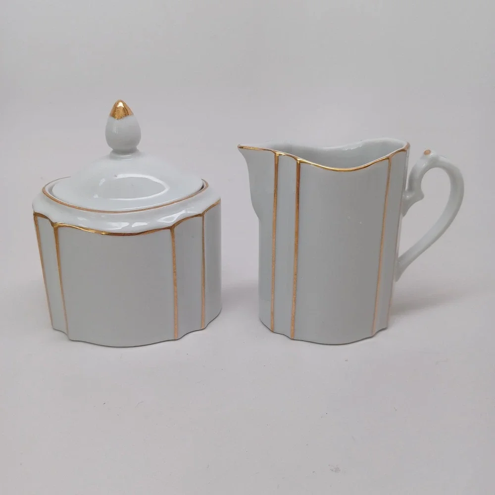 Lord & Taylor Vintage Porcelain Sugar Bowl and Creamer Set Gold Gilt Japan White